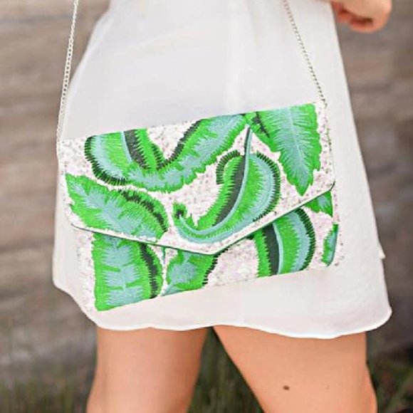 Tropical Leaf Seed Bead Sequin Crossbody Chain Clutch Boho Handbag - Picture 3 of 7